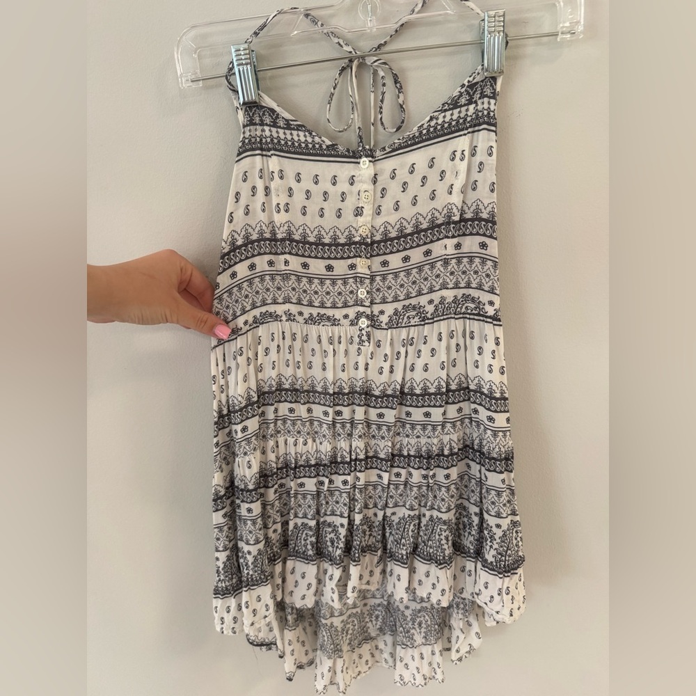 Aeropostale White and Black Printed Halter Tank- tie in back lace up